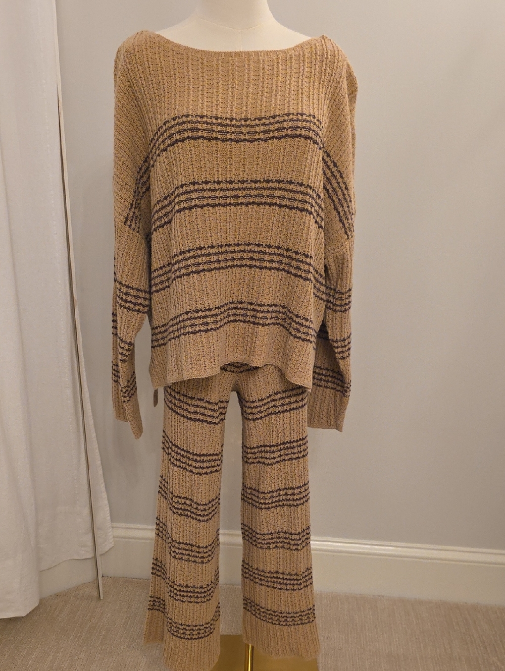Cozy Knit Two-Piece Set in Tan with Brown Stripes By Mustars Seed